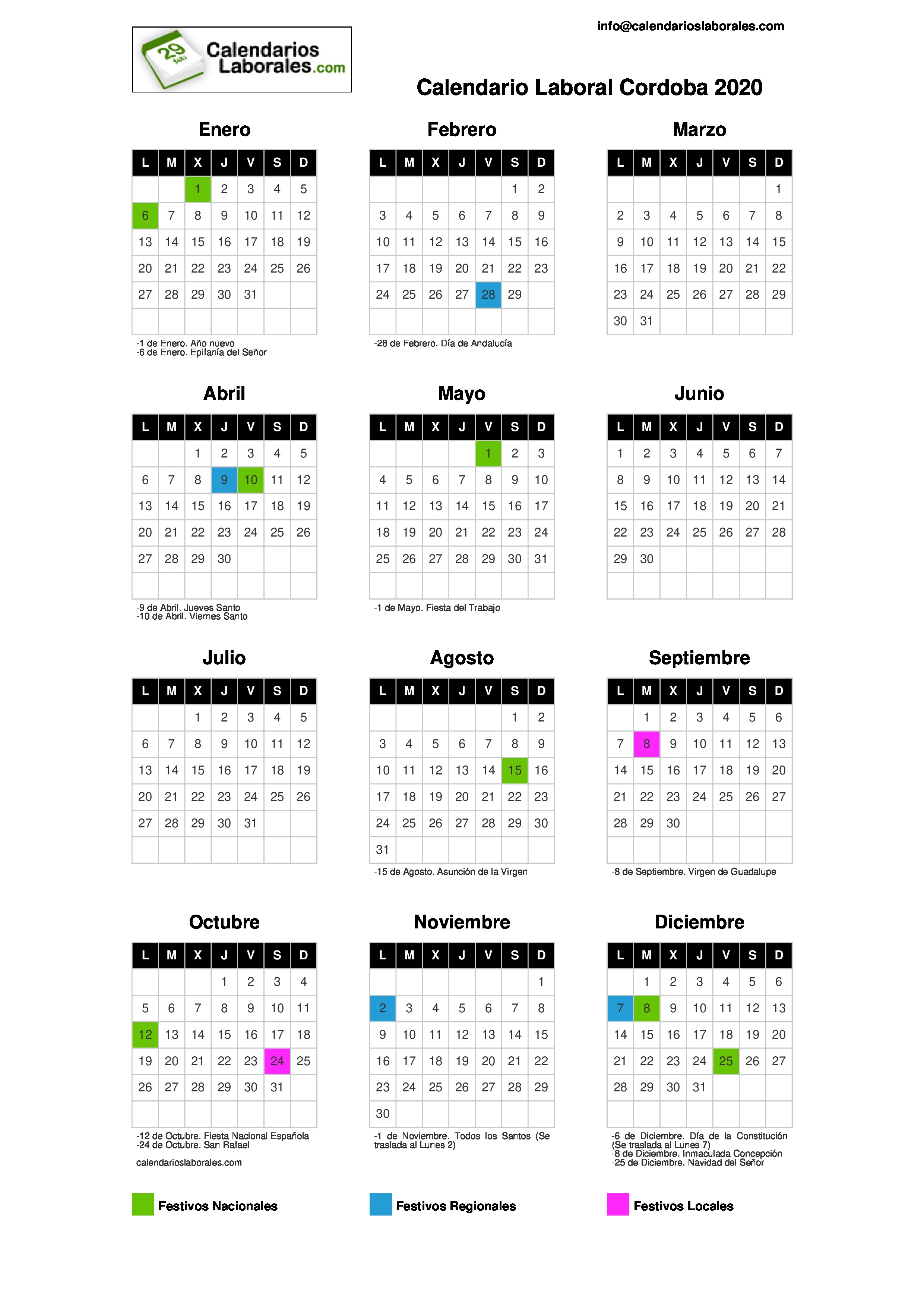 Calendario Laboral Córdoba 2020