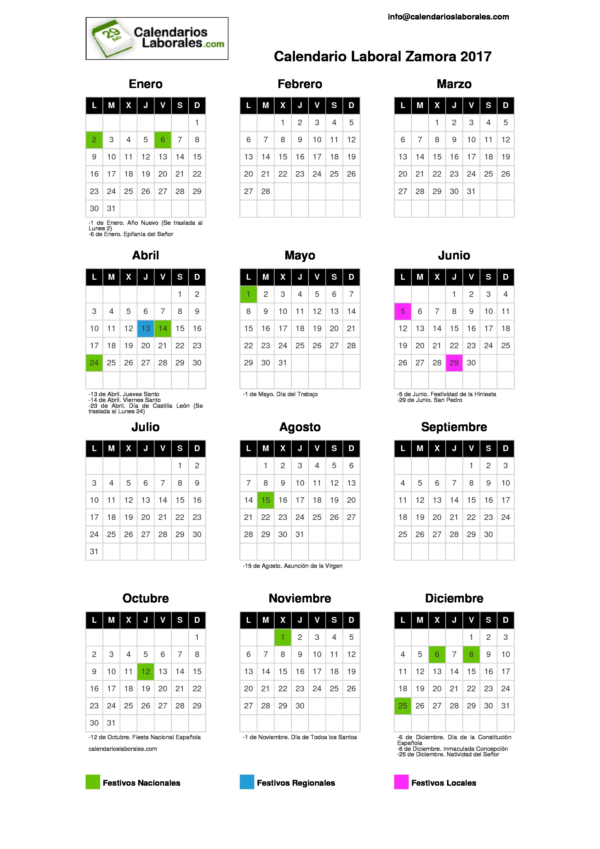 Calendario Laboral Zamora 20172067 x 2923