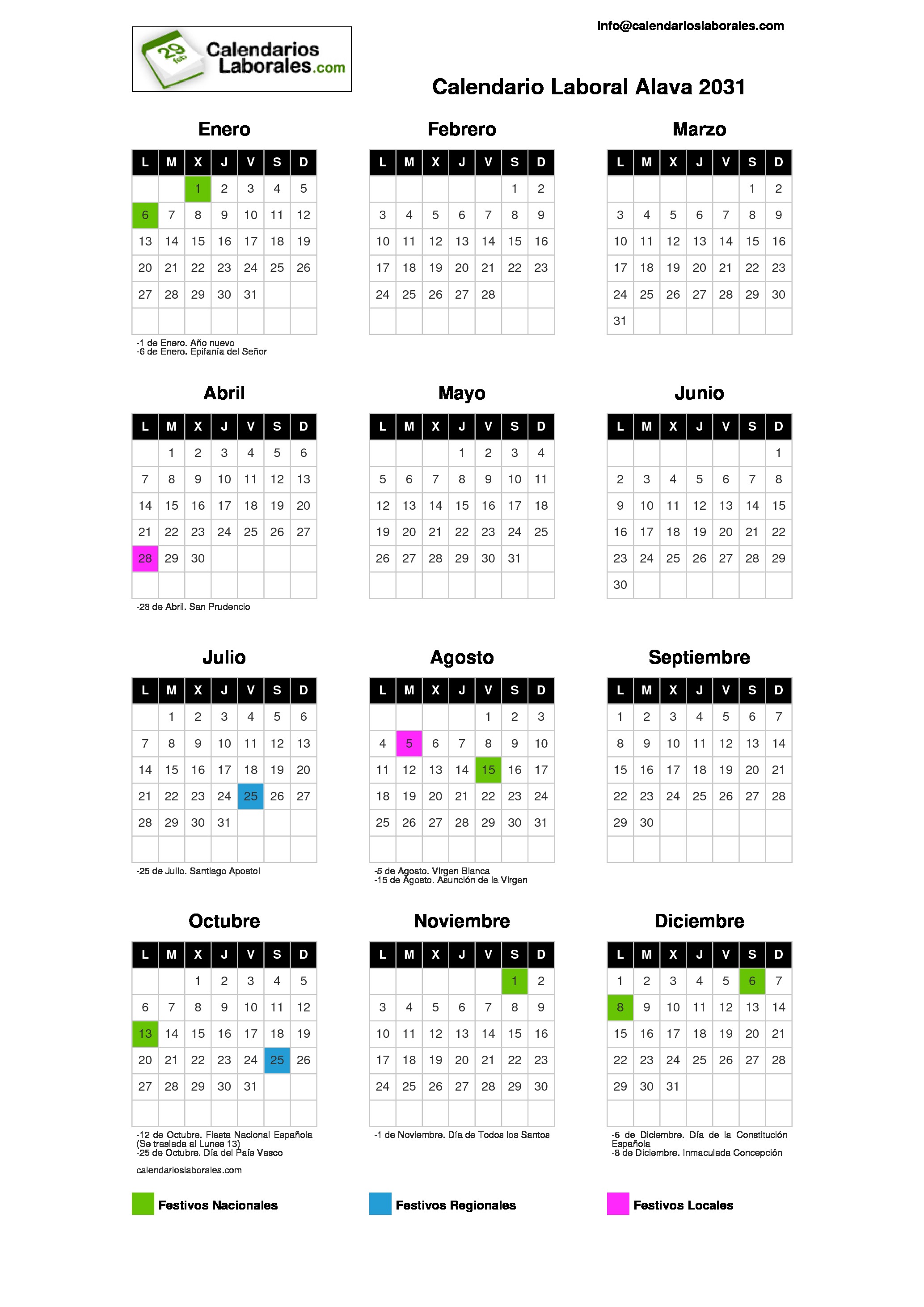 Calendario Laboral Álava 2031