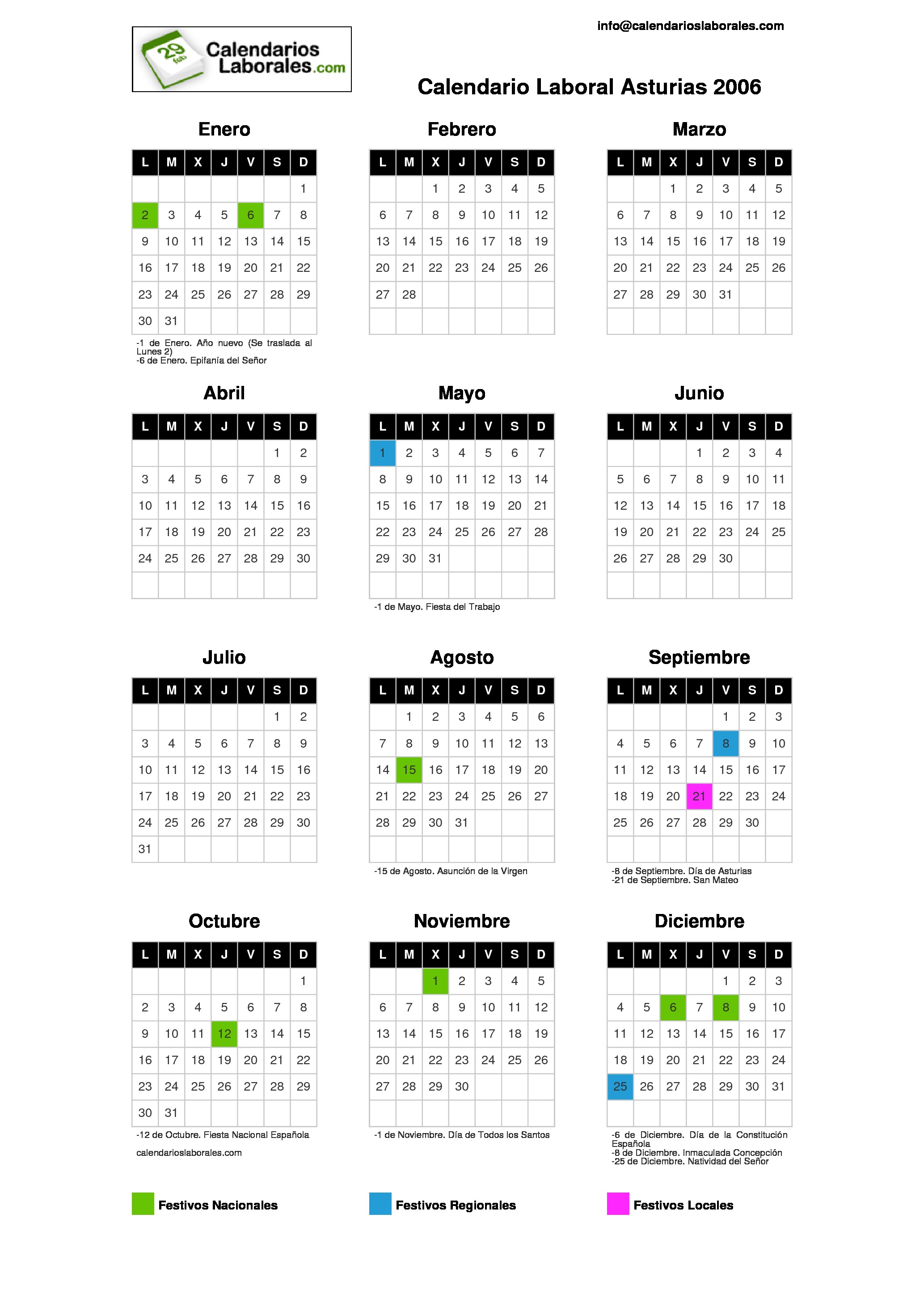 Calendario Laboral 2006 Asturias