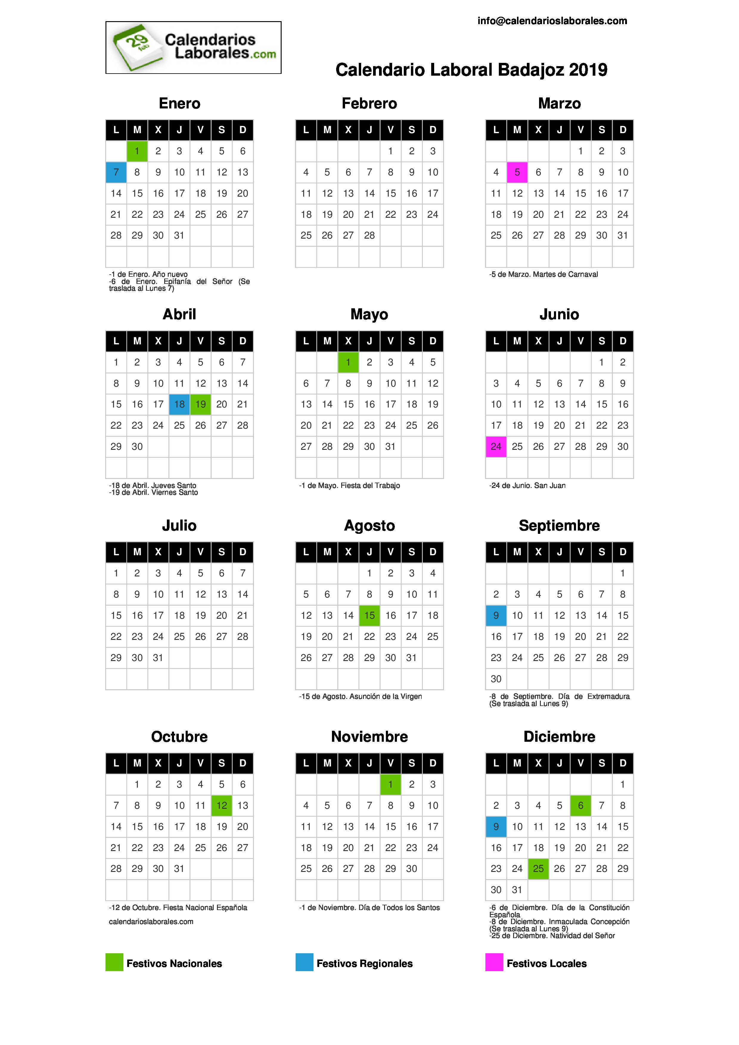 Calendario Laboral Badajoz 2019