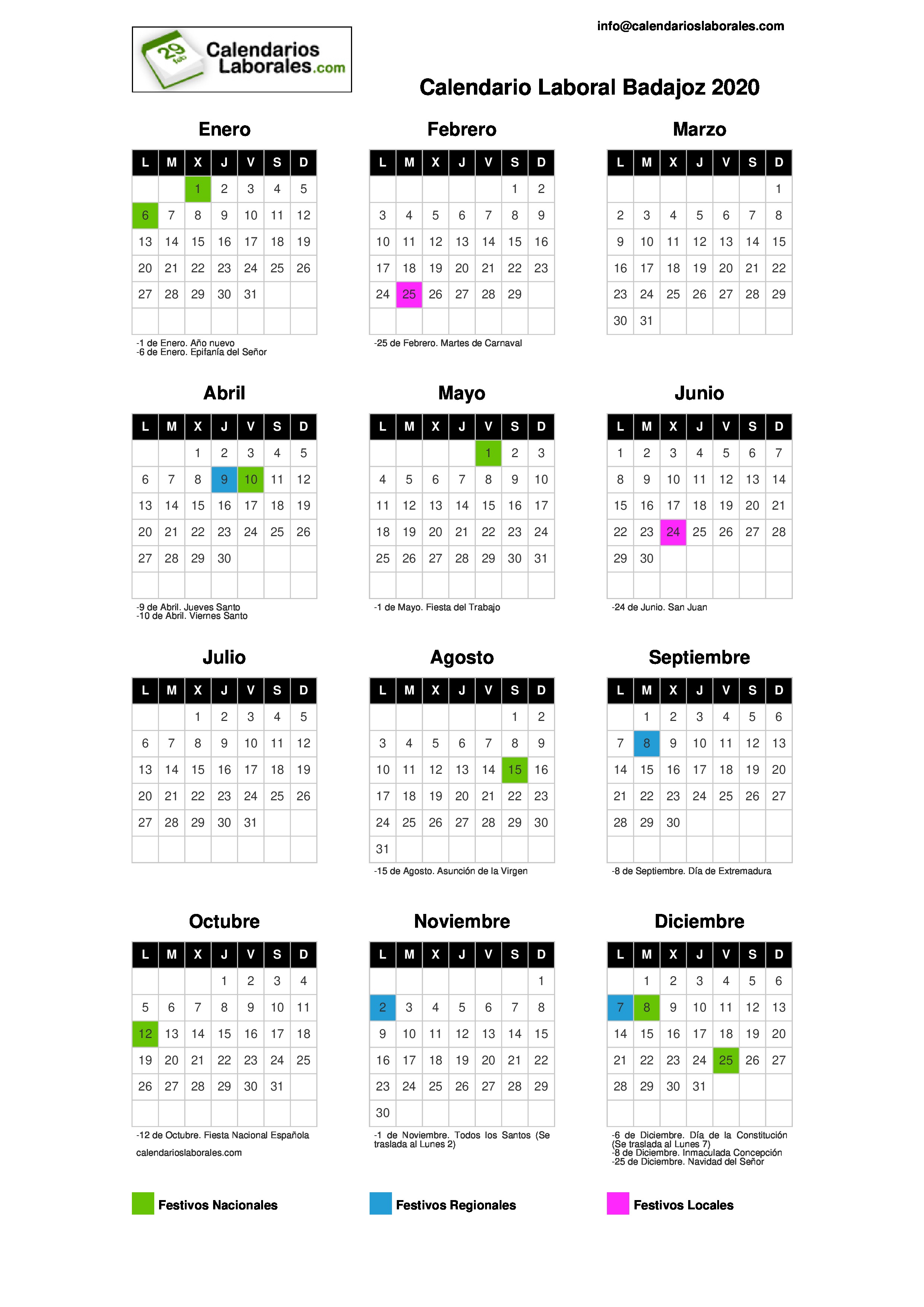 Calendario Laboral Badajoz 2020