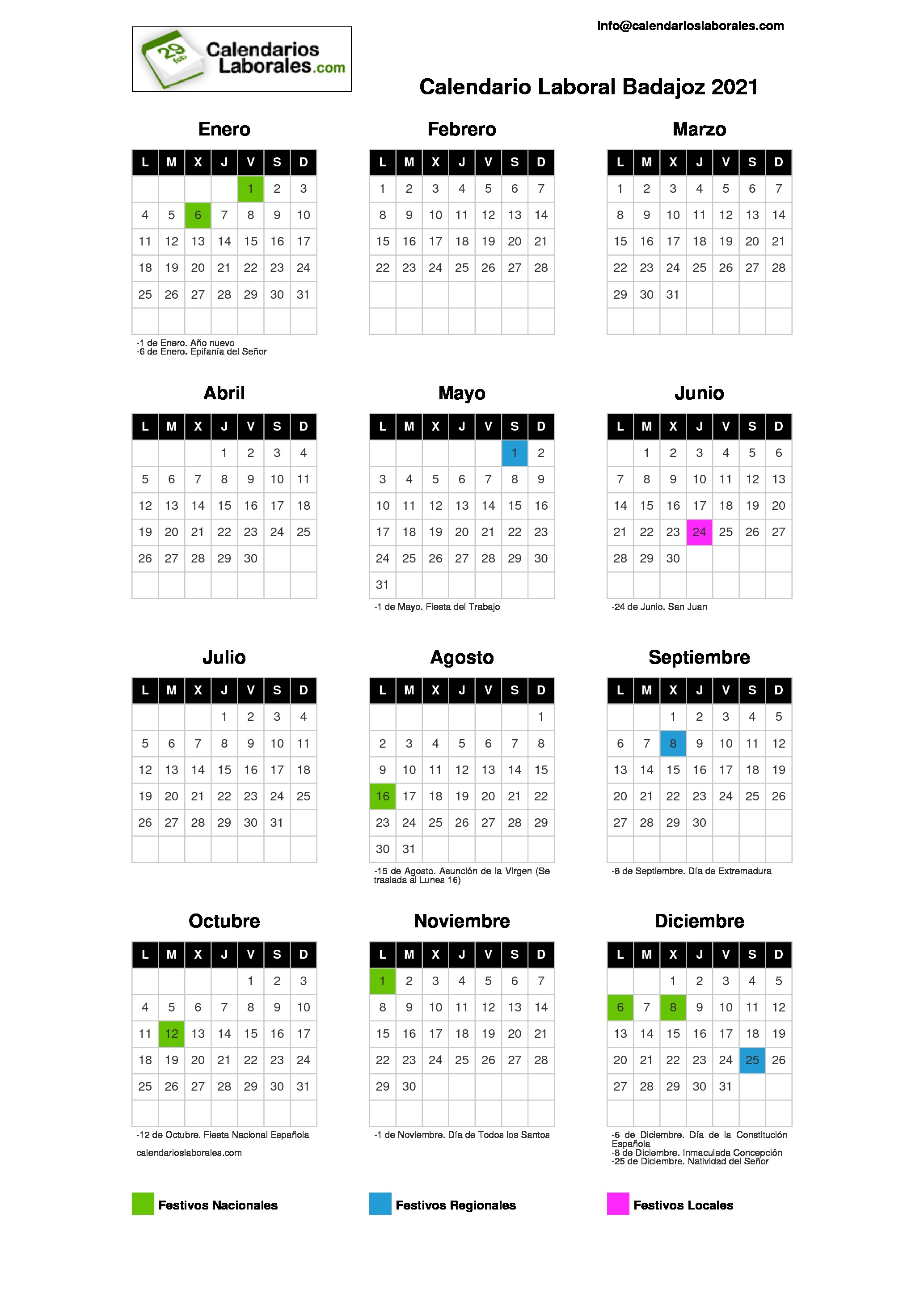 Calendario Laboral Badajoz 2021 calendario laboral 2021 extremadura