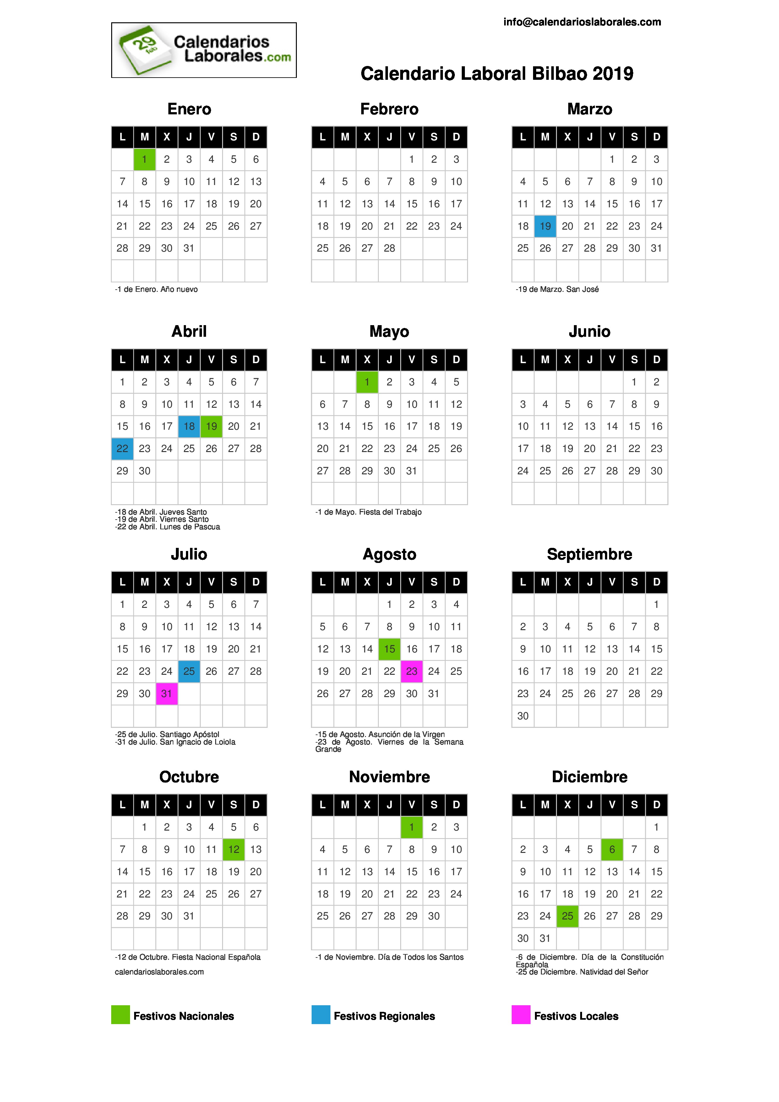 Calendario Laboral Bilbao 2019 calendario laboral de bilbao