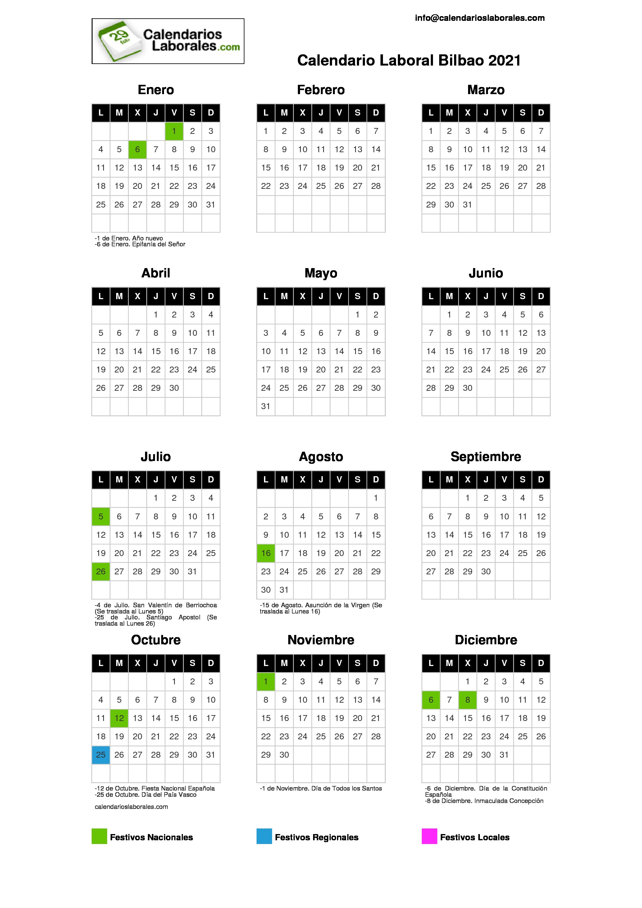 Calendario Laboral Bilbao 2021