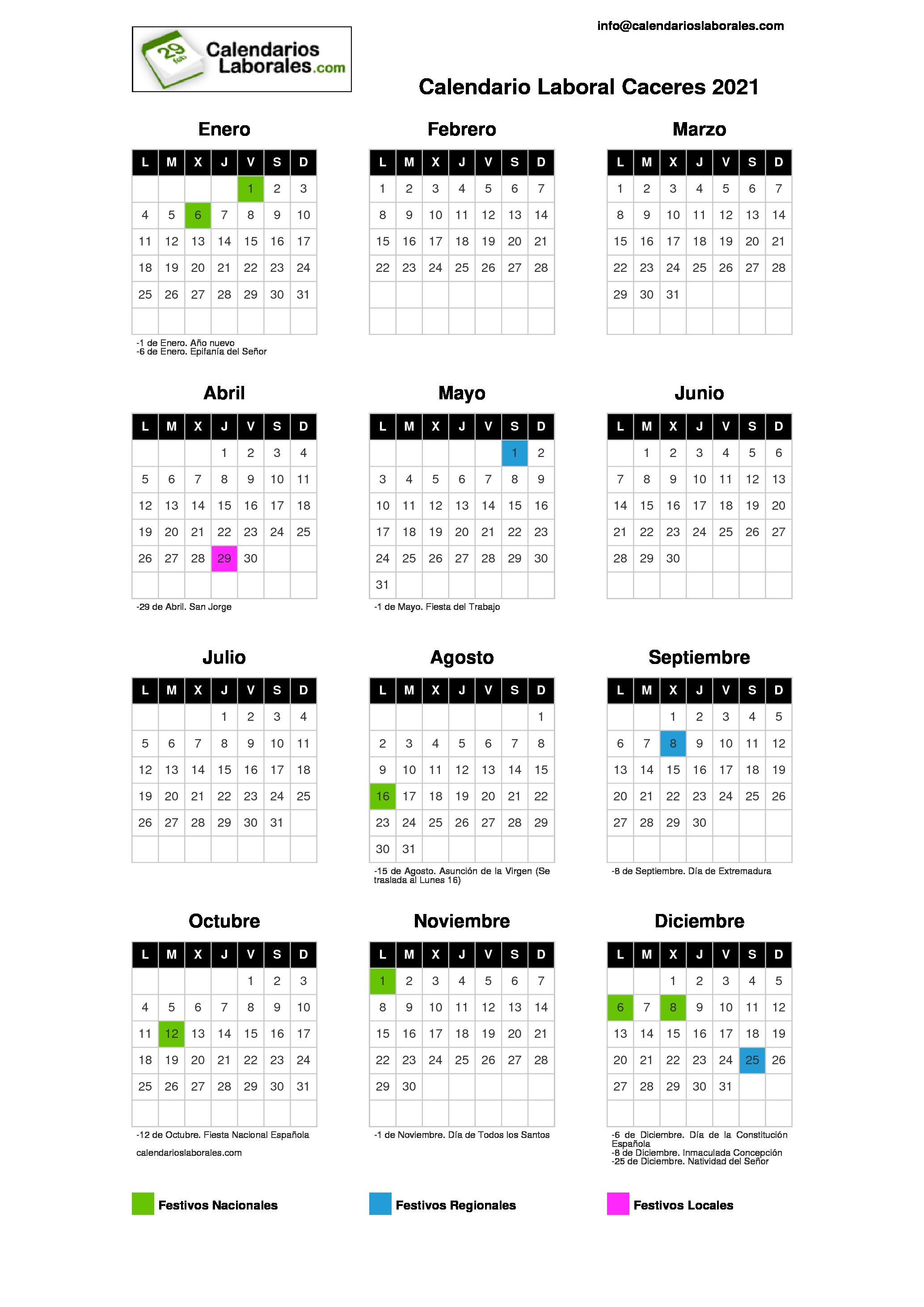 Calendario Laboral Caceres 2021