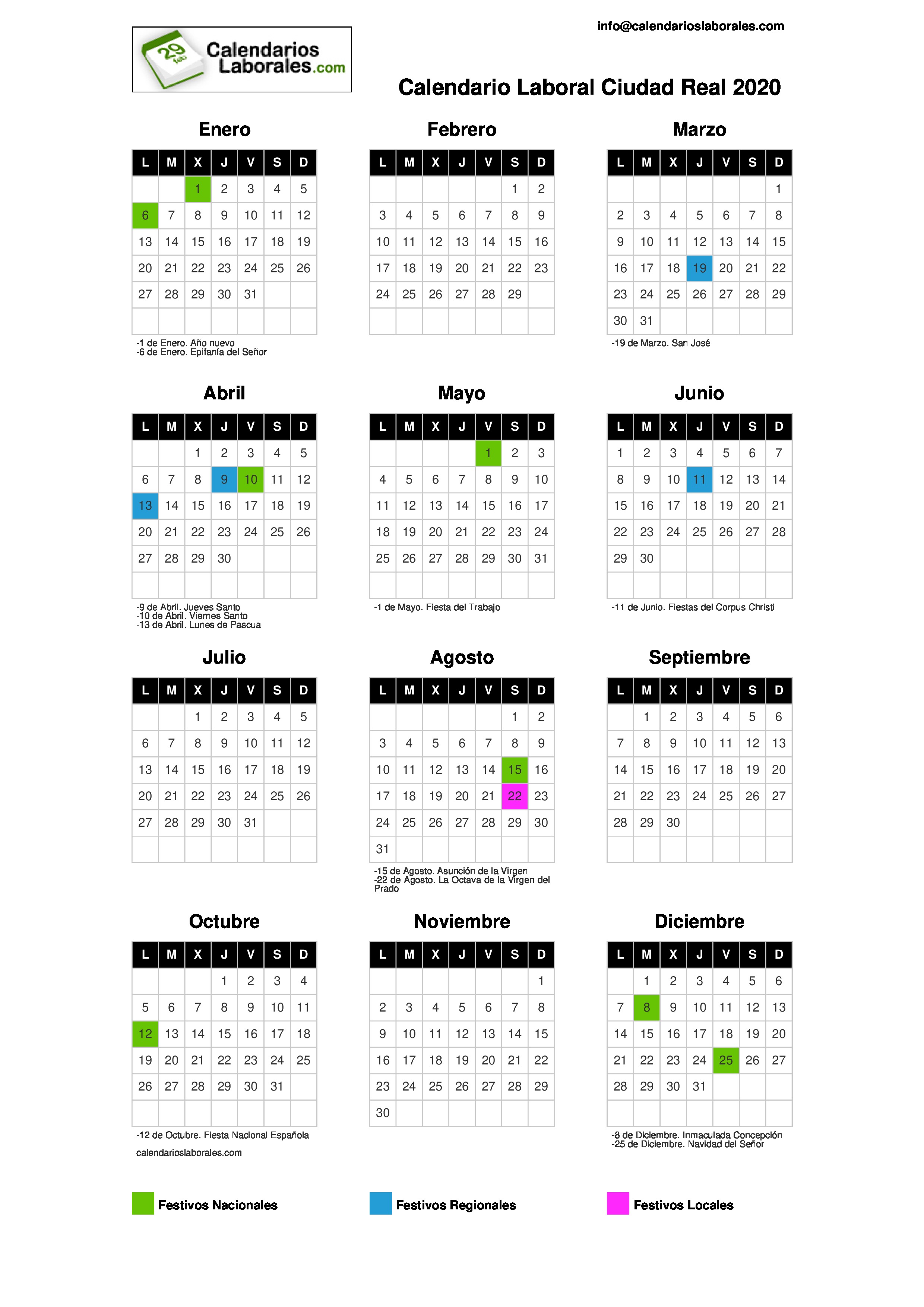 Calendario Laboral Ciudad Real 2020 calendario laboral valdepeñas