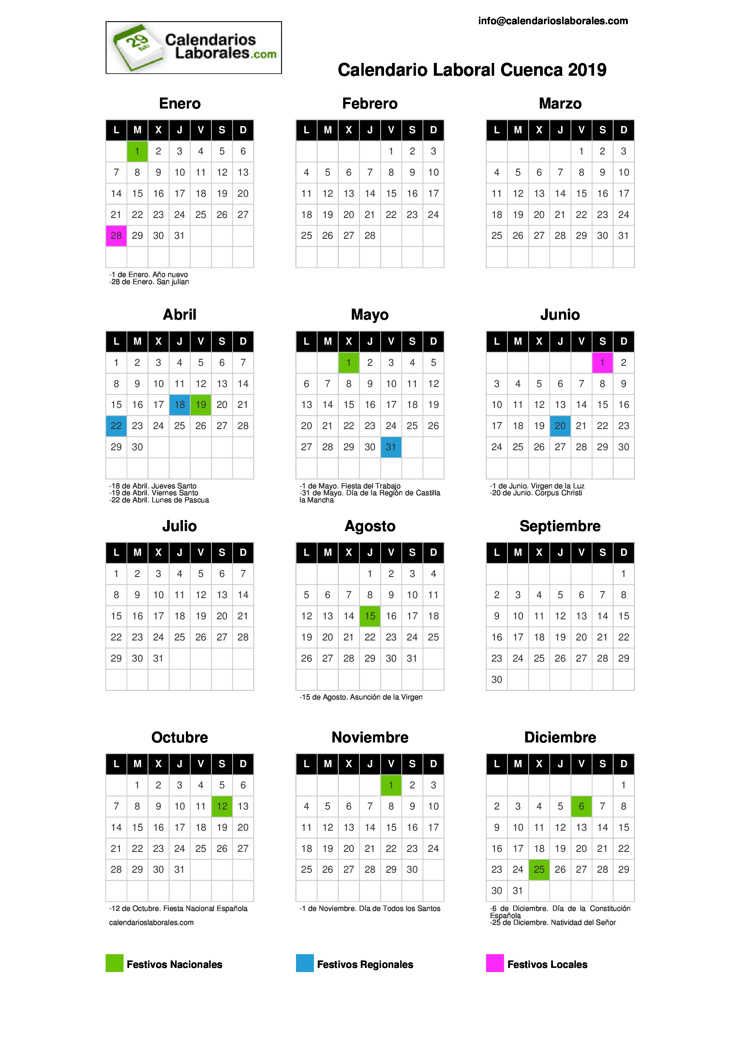 Calendario Laboral Cuenca 20192480 x 3508
