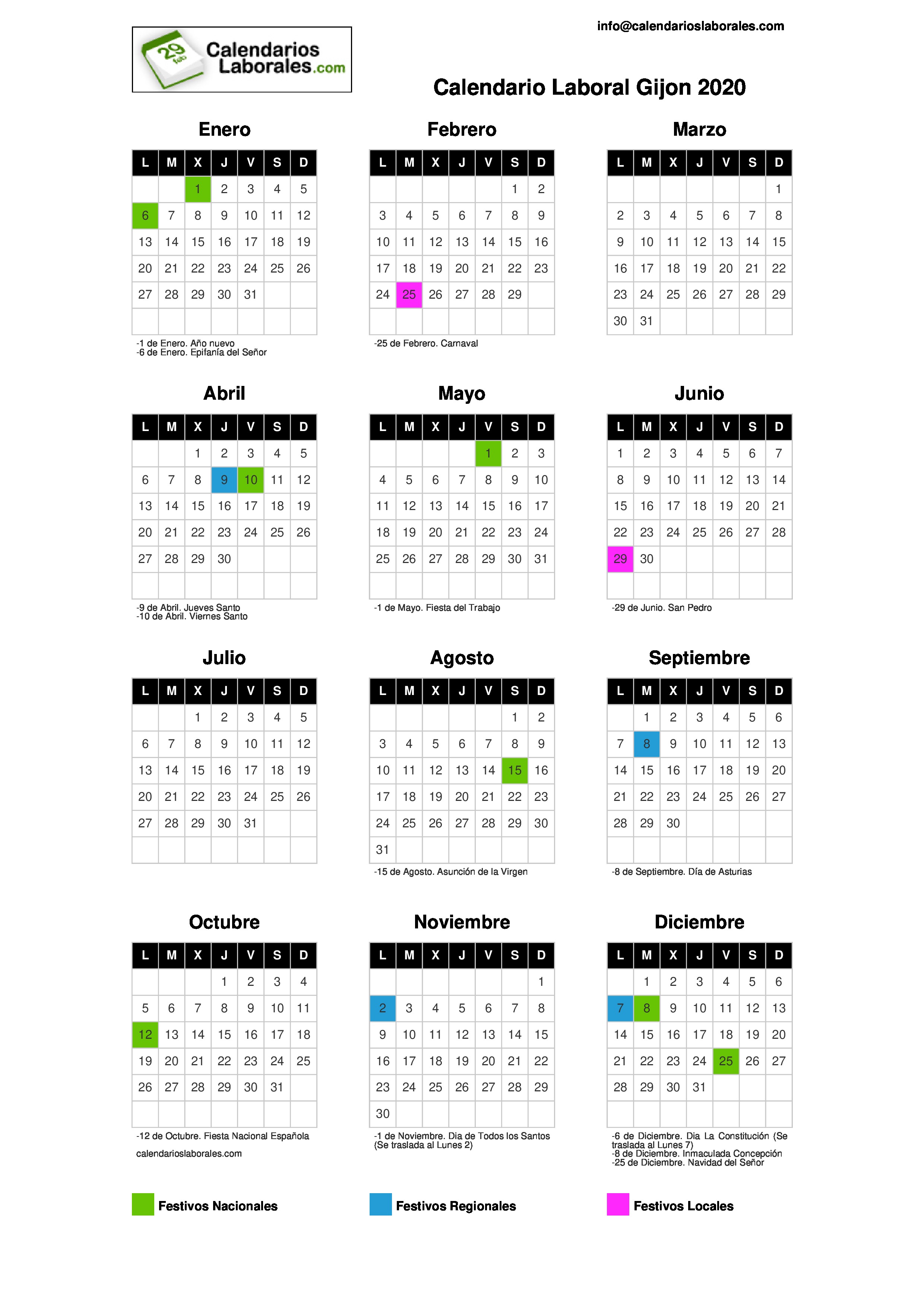 Calendario Laboral Gijón 2020