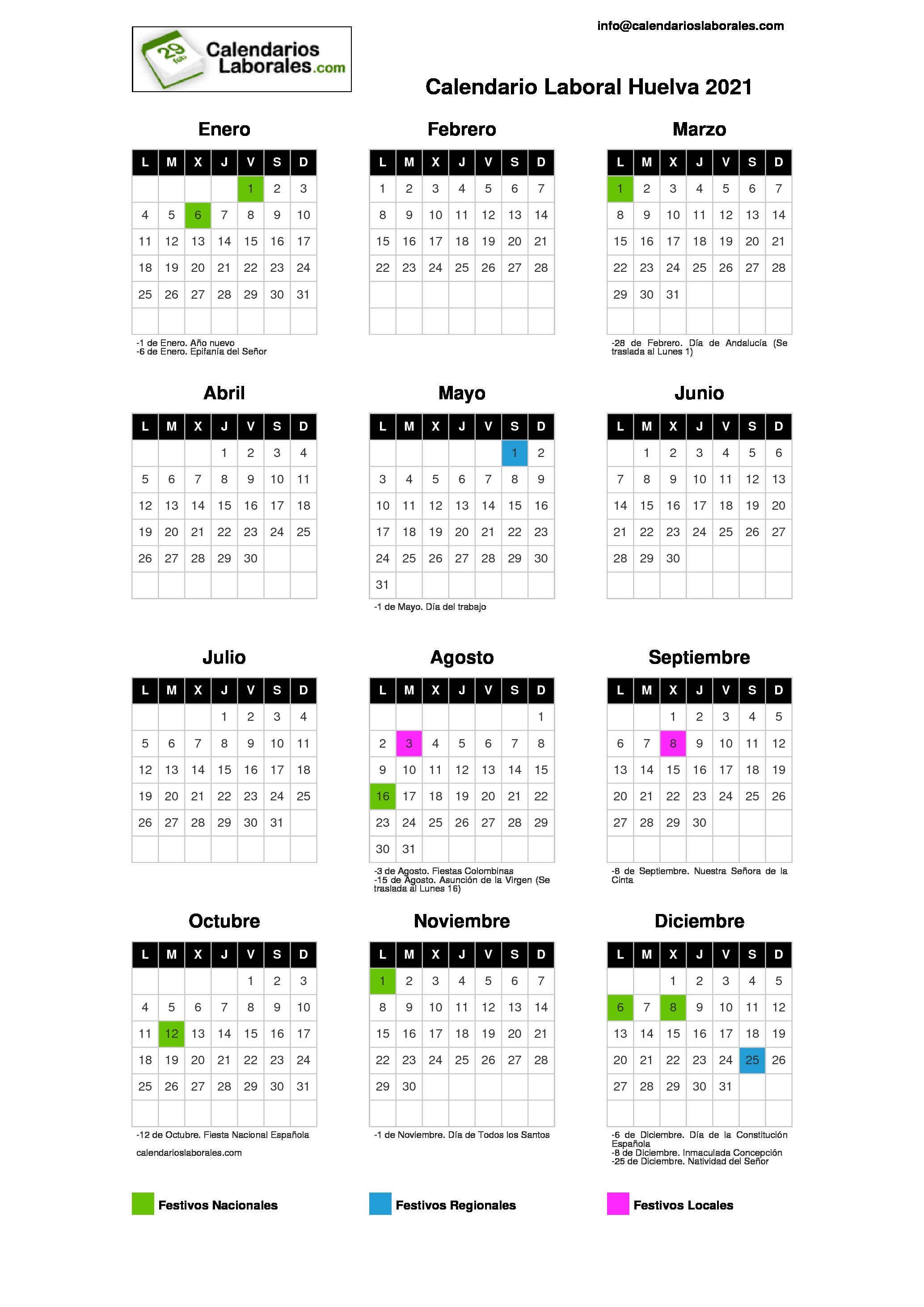 Calendario Laboral Huelva 2021
