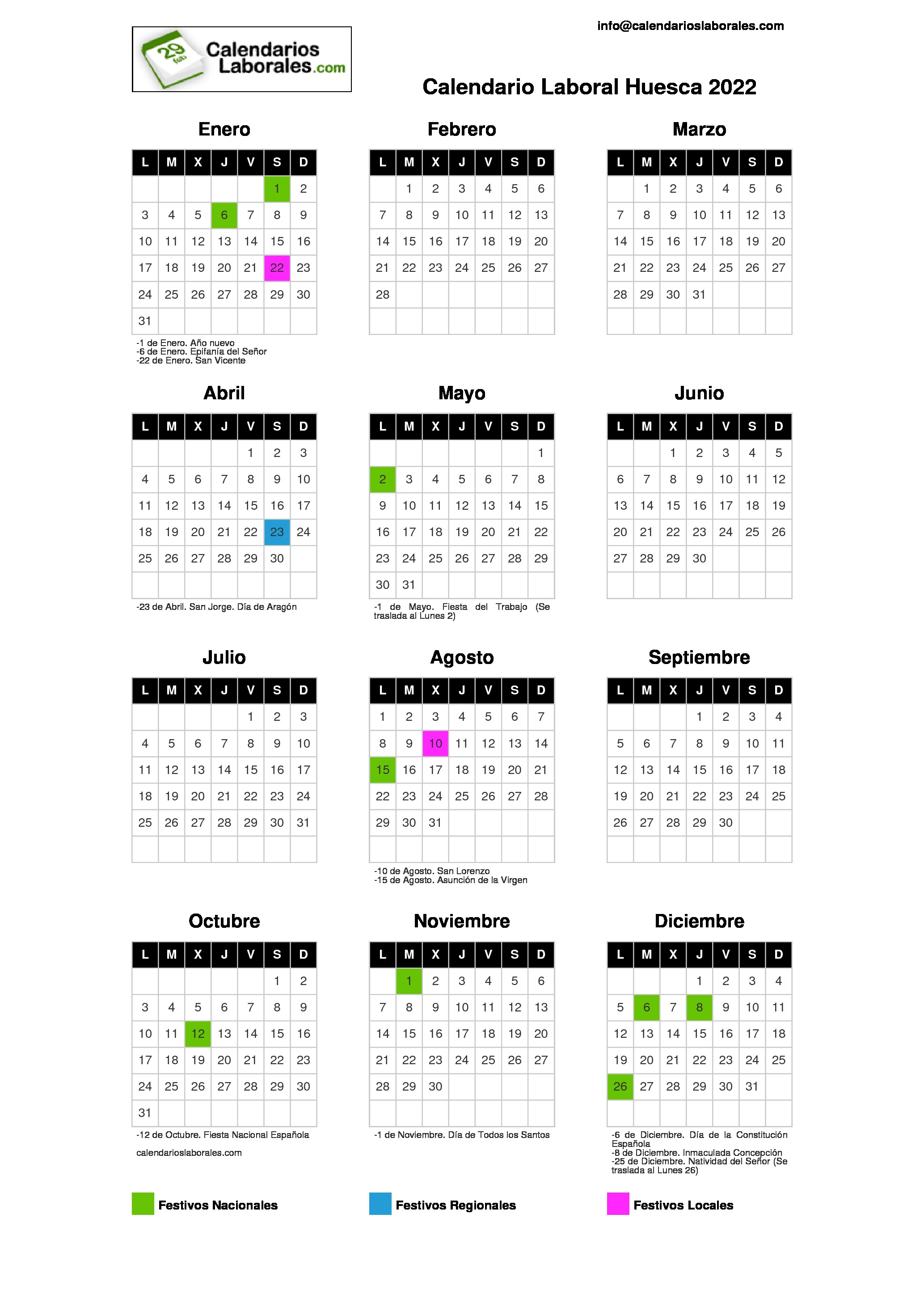 Calendario Laboral Huesca 2022