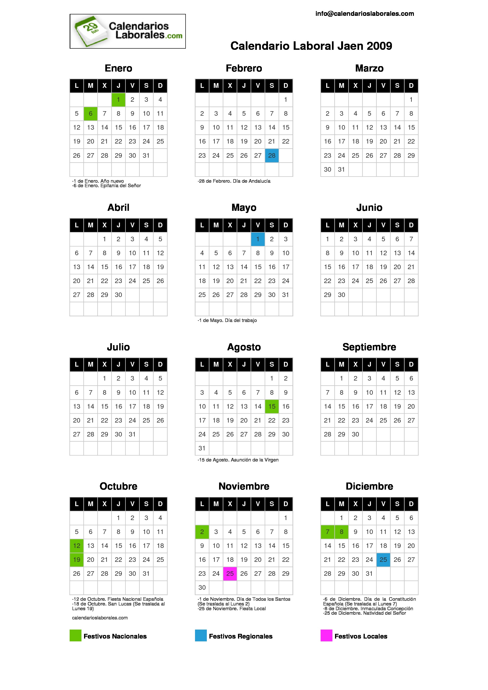 Calendario Laboral Jaen 2009 calendario para imprimir año 2009