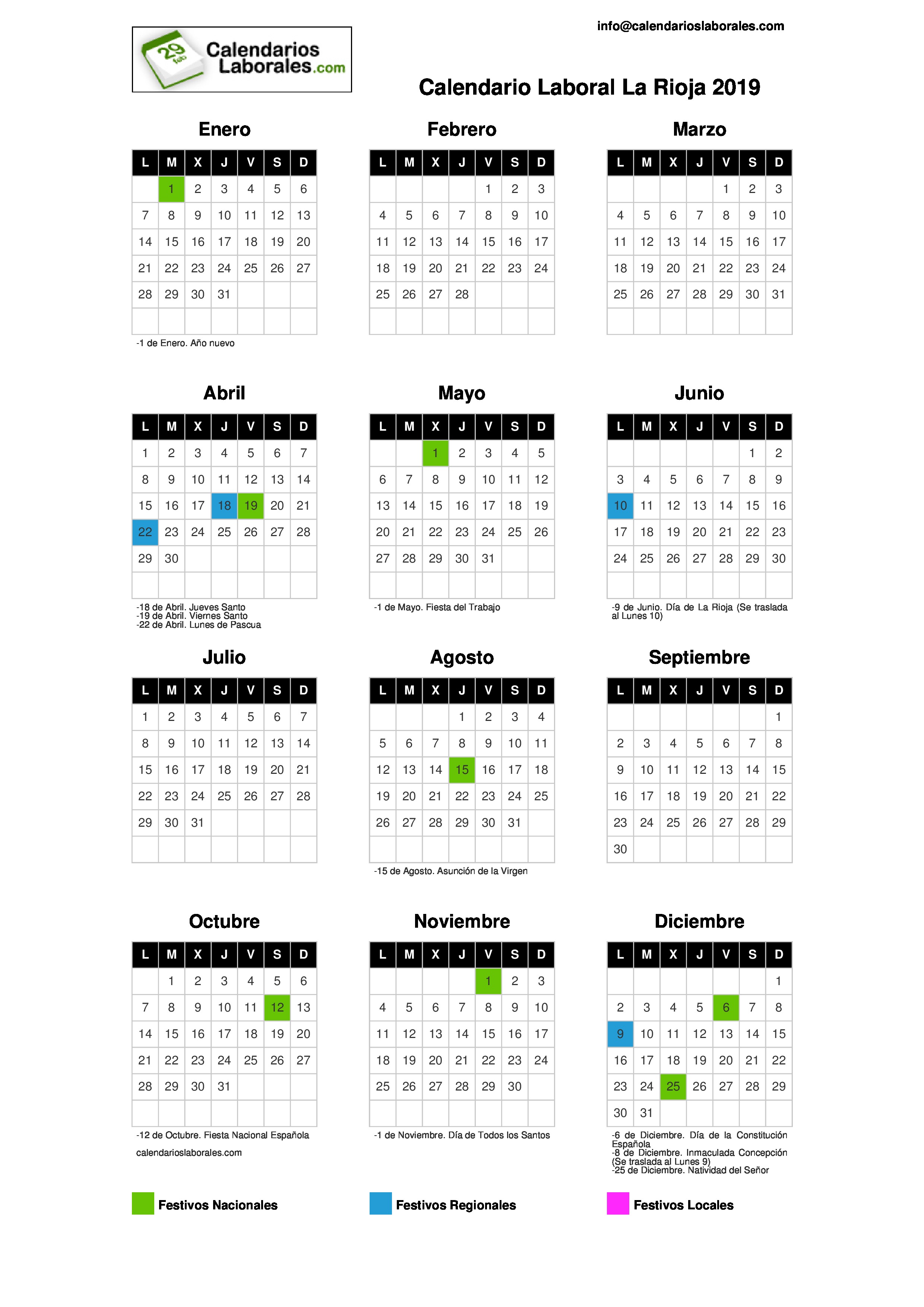 Festivos 2023 La Rioja Calendario Laboral Rioja (La) 2019