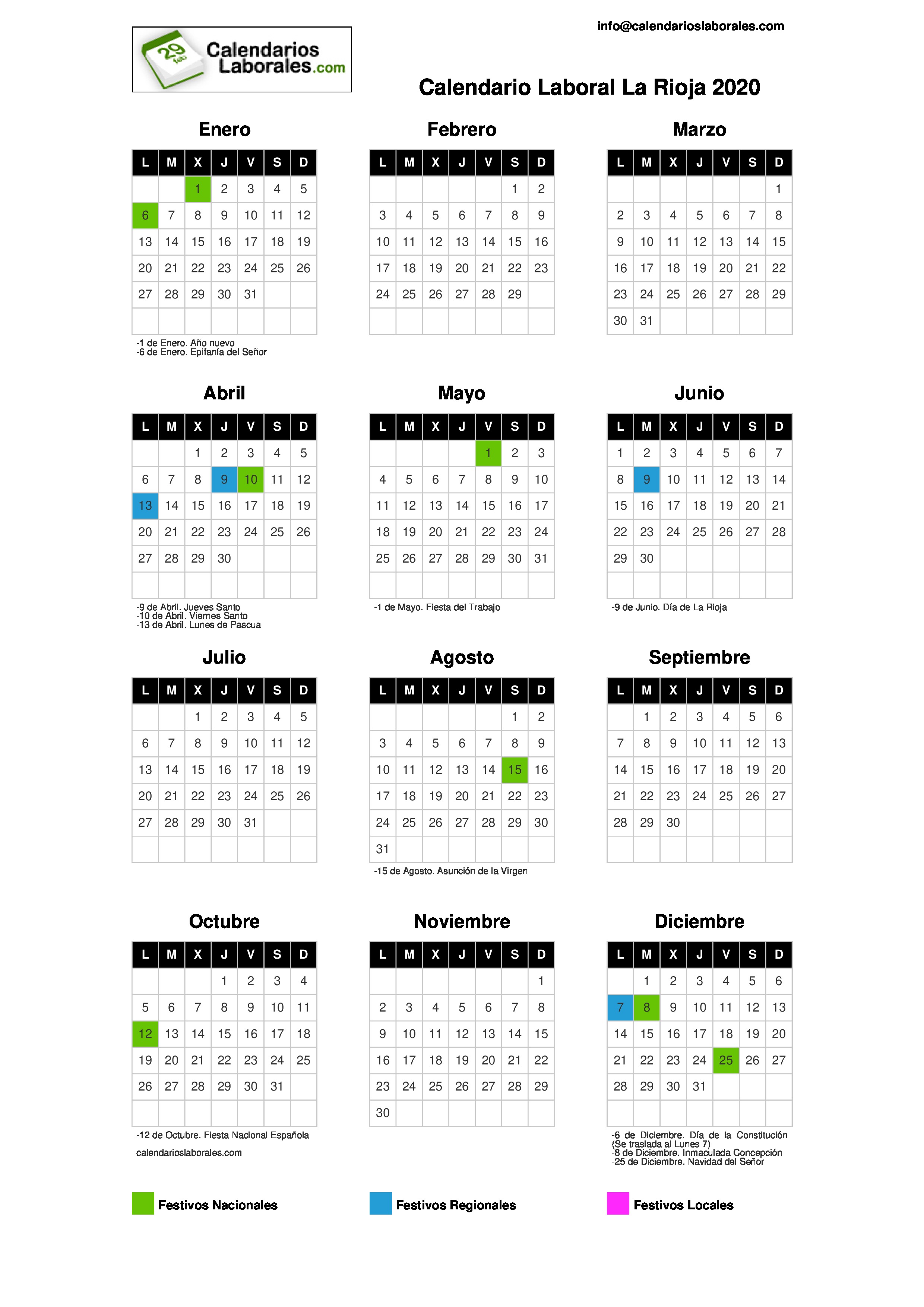 Festivos La Rioja 2023 Calendario Laboral Rioja (La) 2020