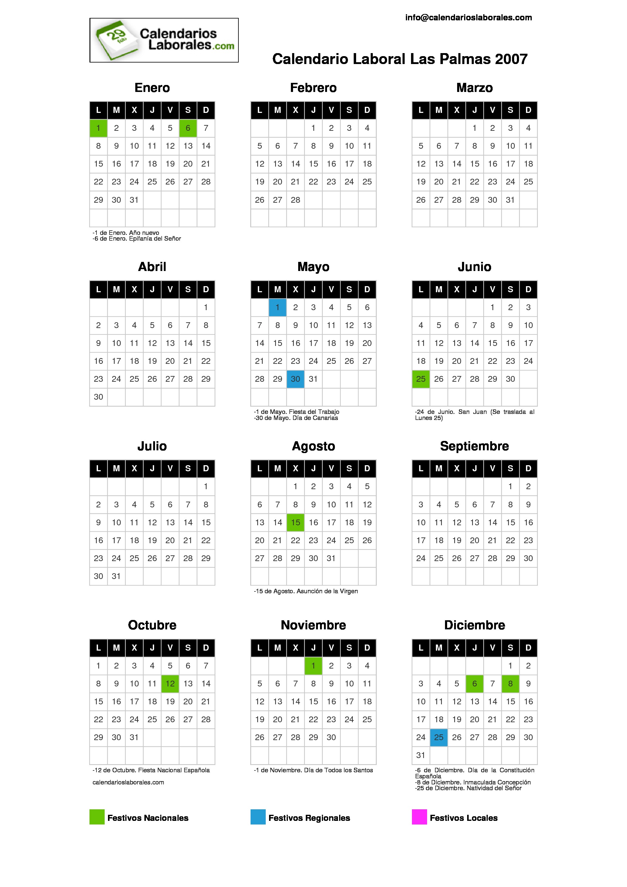 Calendario Laboral Palmas Las 2007 calendario enero 2007