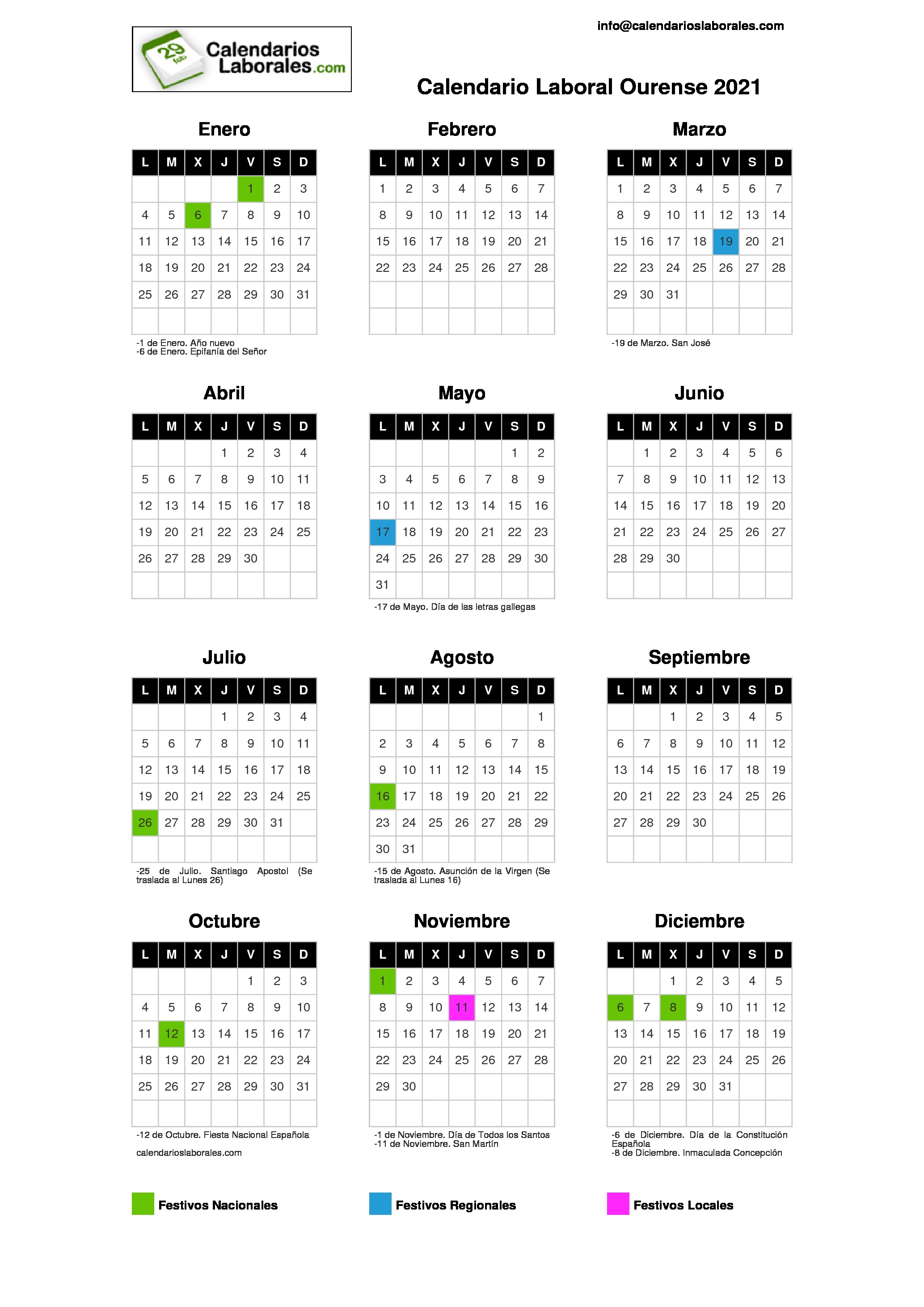 Calendario Laboral Ourense 2021 calendario laboral 2021 galicia ourense
