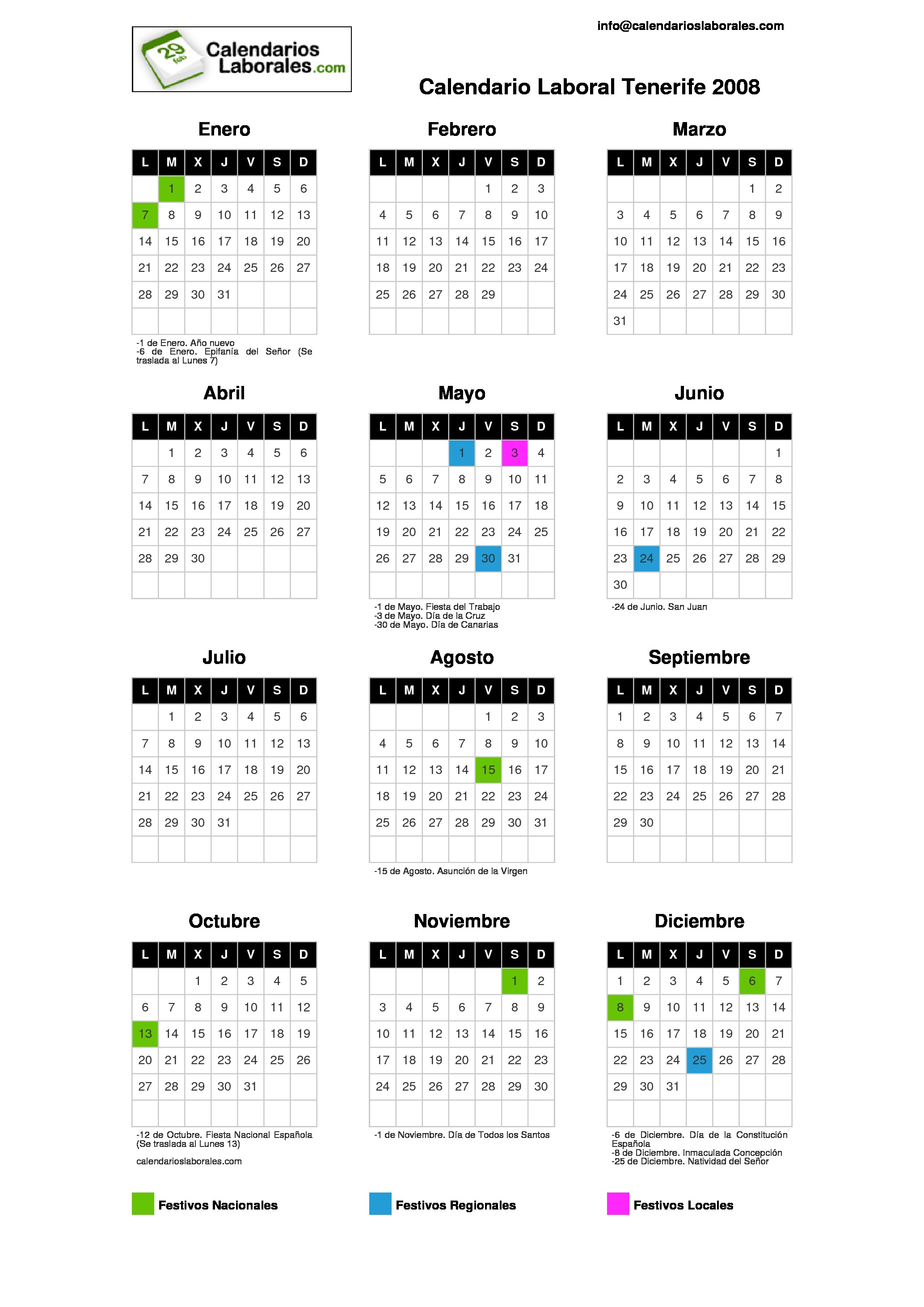Calendario Laboral Tenerife S C 2008 calendario 2008 canarias
