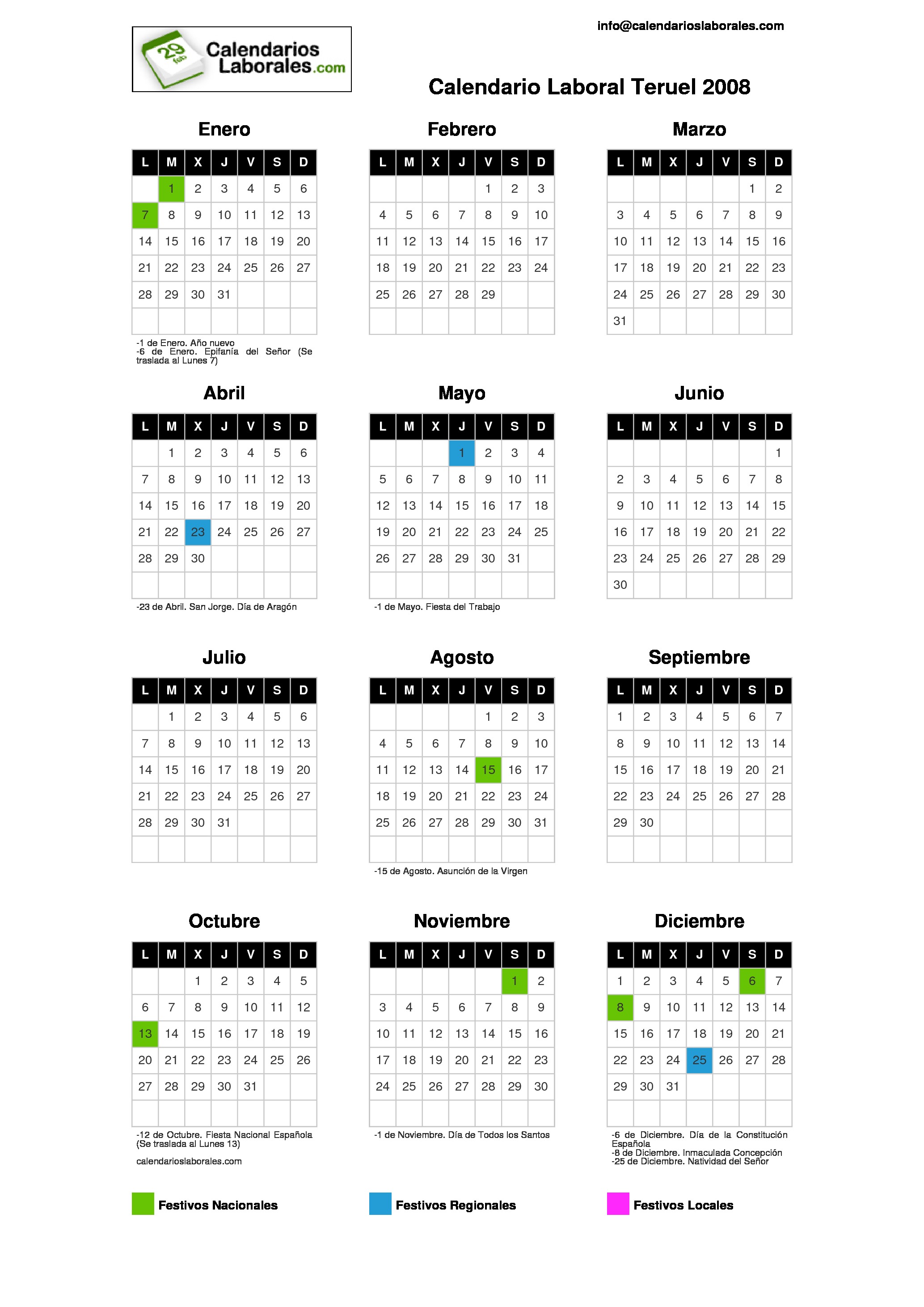 Calendario Laboral Teruel 2008 calendario del 2008 para imprimir