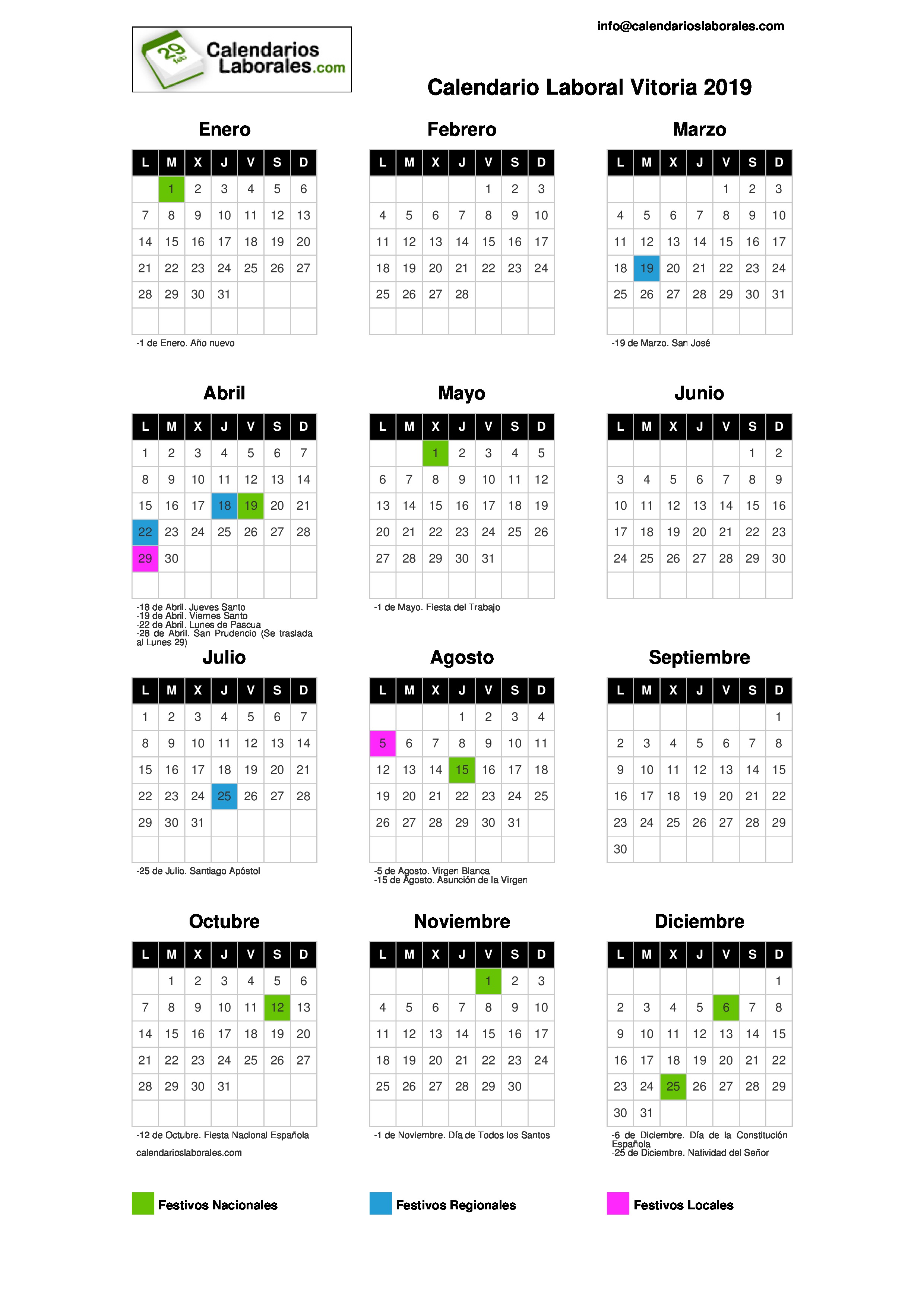 Calendario Laboral Vitoria 2019 Calendario Laboral Vitoria 2019